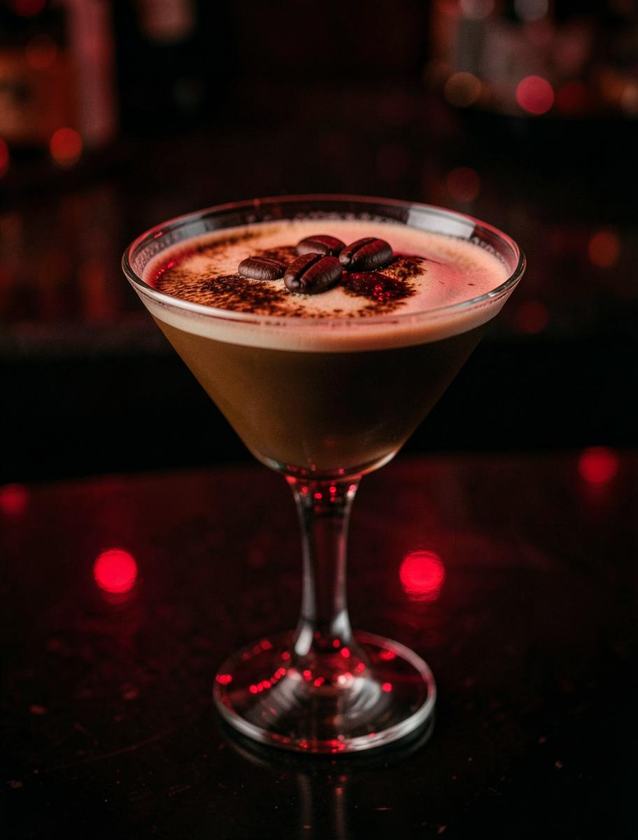 Espresso martini with coffee beans on a crema top