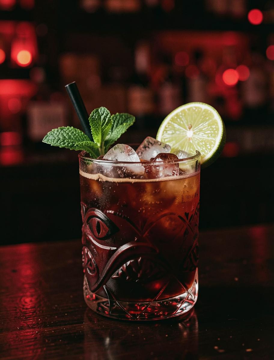 Mai tai in a tiki glass with mint and lime