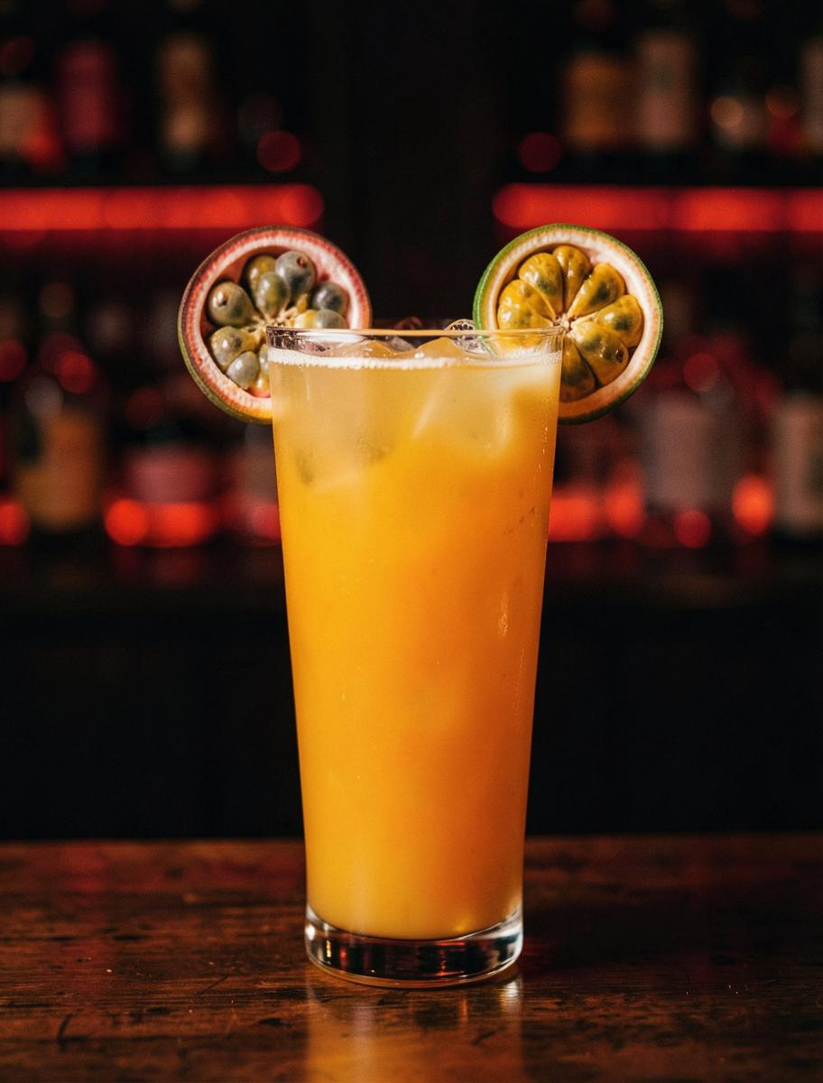 Orange mango passion fruit cocktail in a tall glass with passion fruit halves