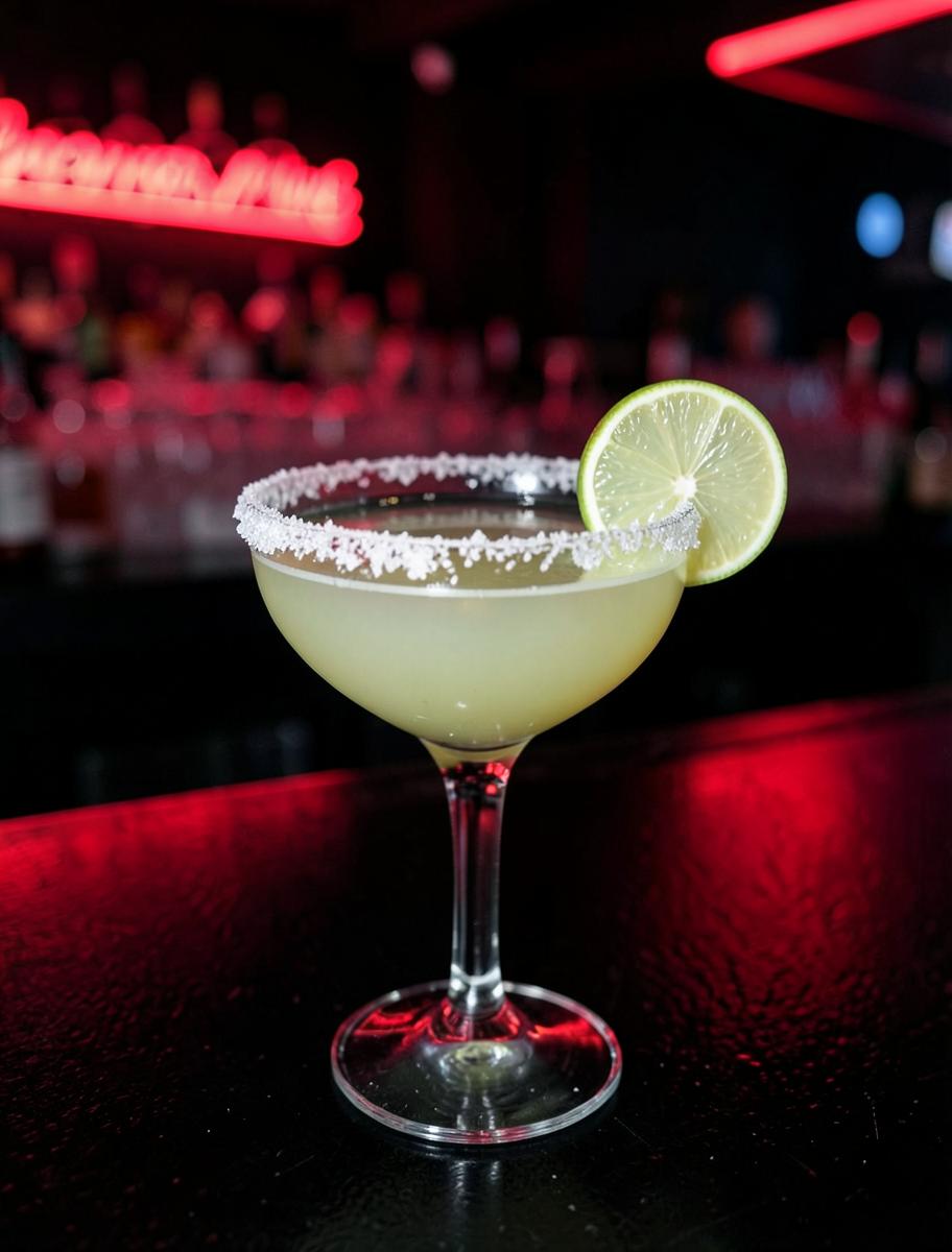 Margarita in a coupe glass with a salted rim and lime