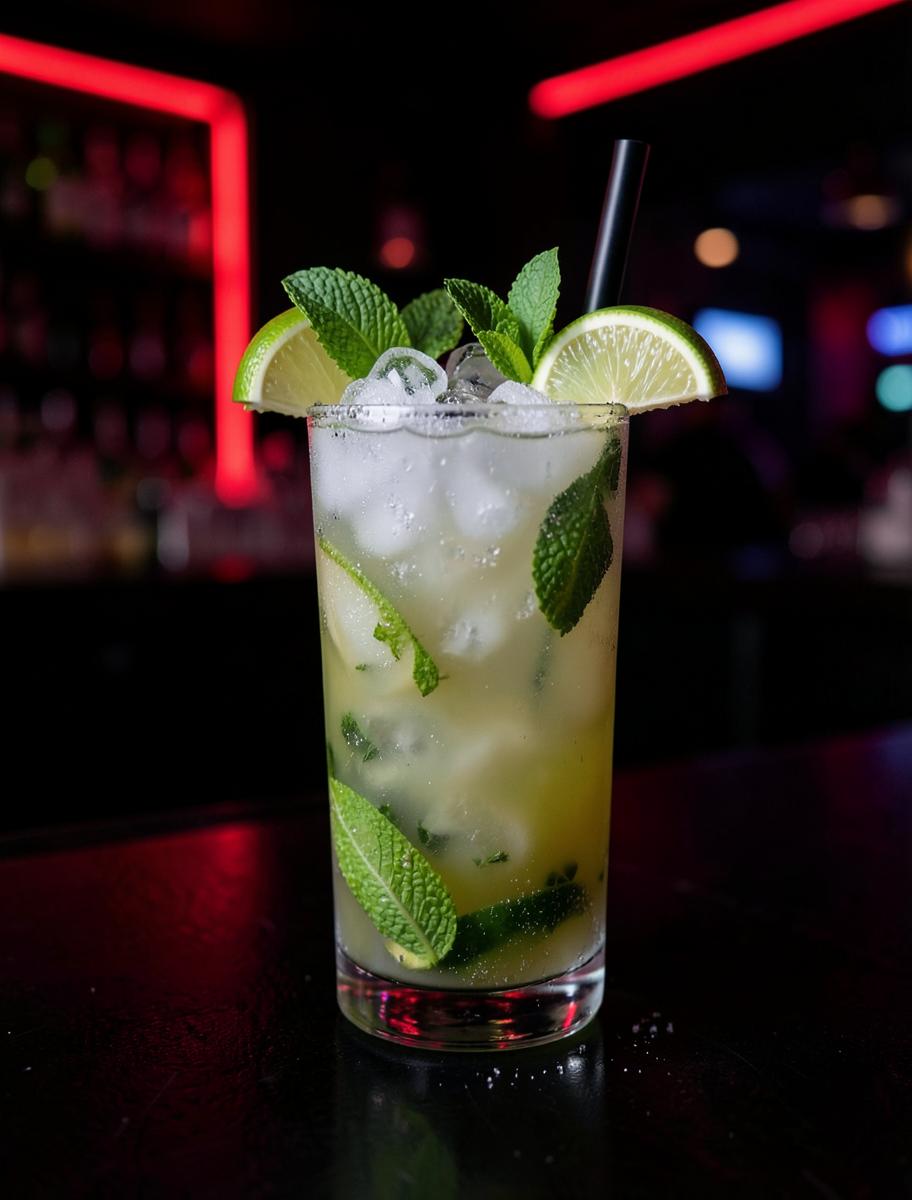 Classic mojito in a highball glass with mint and lime under red light