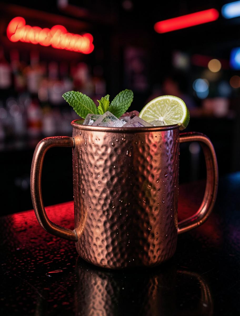 Moscow mule in a copper mug with lime and mint