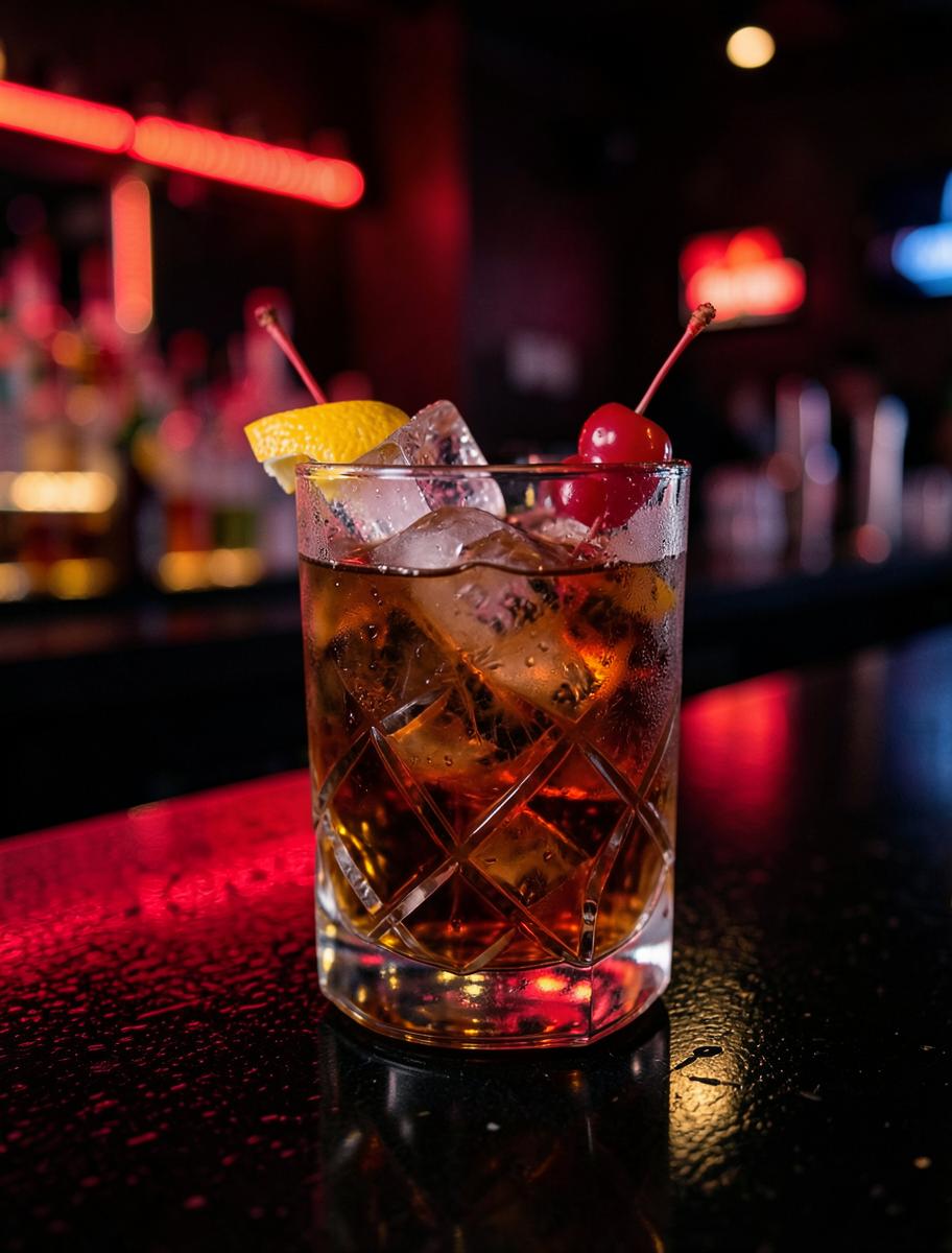 Old fashioned over a large ice cube with an orange peel