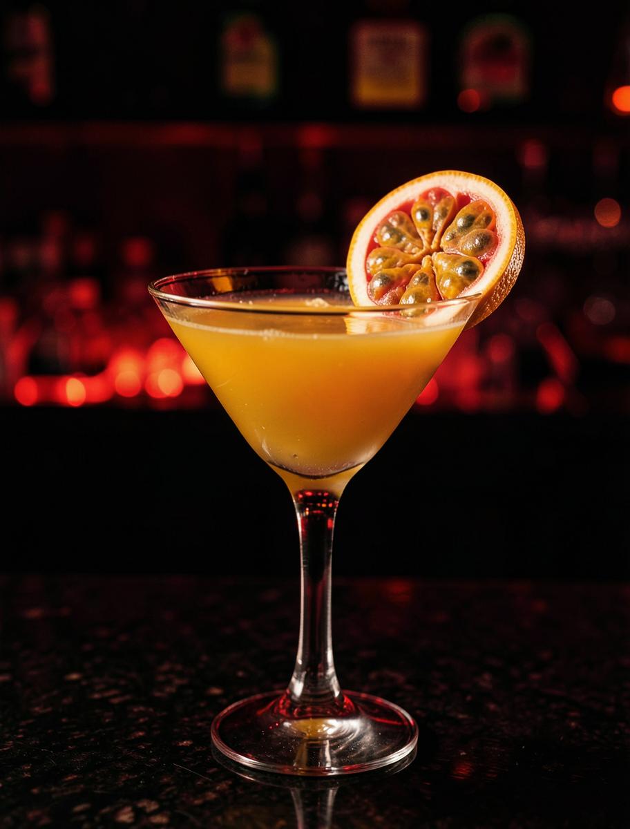 Passionfruit martini with half a passion fruit on the rim