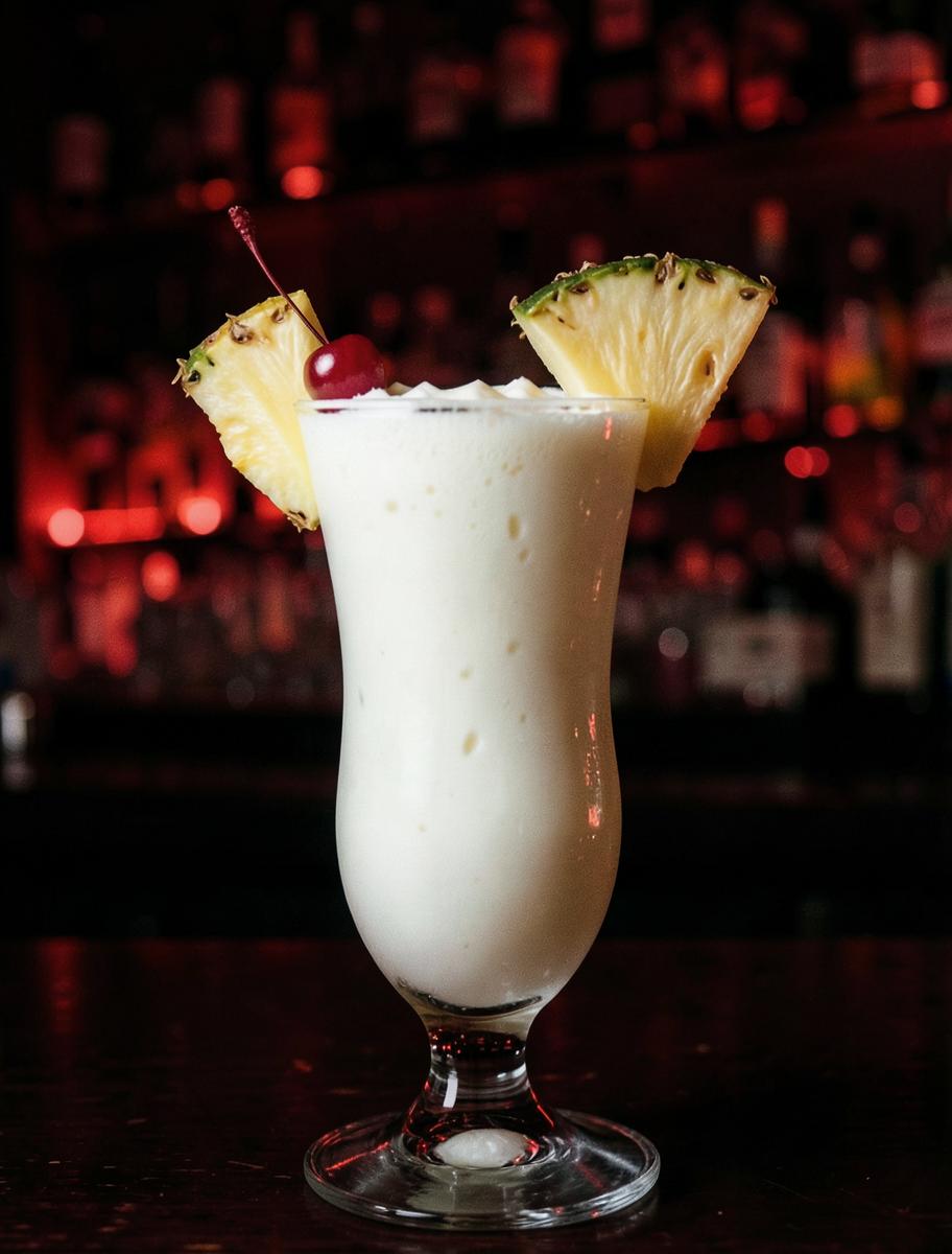 Creamy piña colada in a hurricane glass with pineapple and cherry