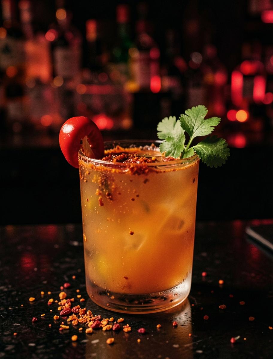 Spicy picante in a rocks glass with chilli and coriander