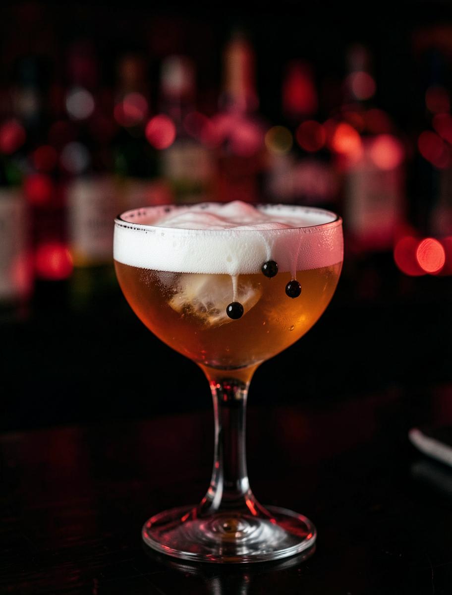 Whiskey sour in a coupe with foam and bitters drops